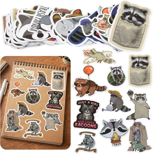 Set stickers met wasbeer, diverse motieven, 50 stuks, 7–8 cm