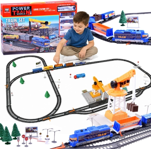 Elektrische goederentreinbaan Power Train World Cargo met station en kraan, 670 cm, 59 onderdelen