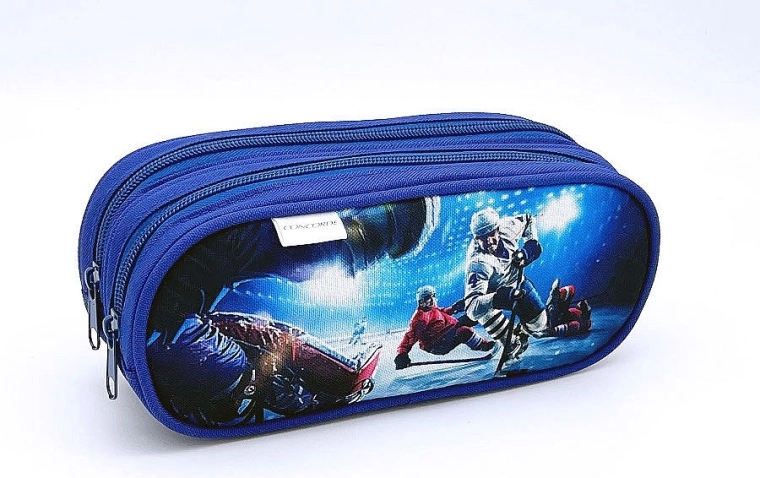 Etui met ijshockeymotief, dubbelrits, blauw