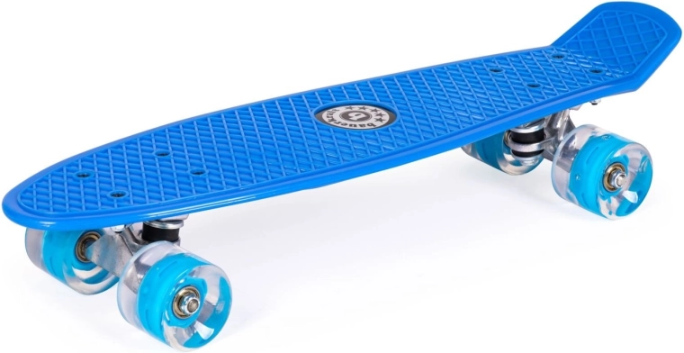 Blauwe fiszka (penny board) met lichtgevende LED-wielen