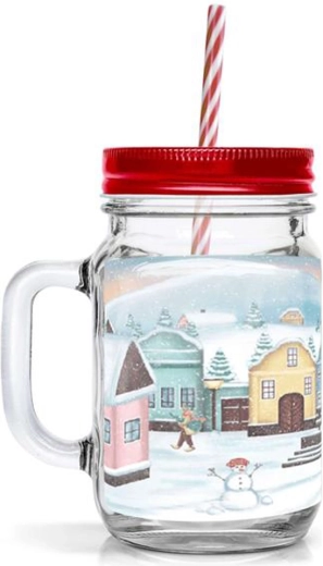 TORO glas met rietje 450 ml met kerstmotief van een dorpje