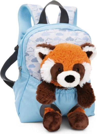 NICI kinderrugzak met dierenknuffel – rode panda, blauw met wolkjes 21 × 26 cm