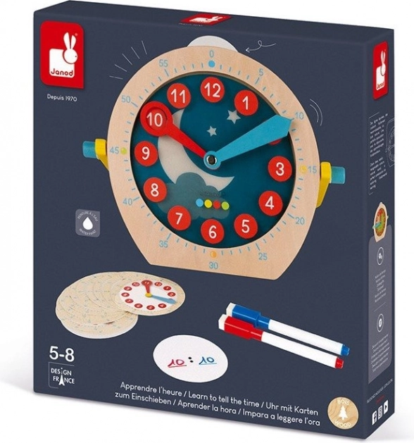 Janod houten leerklok met uitwisbare kaarten