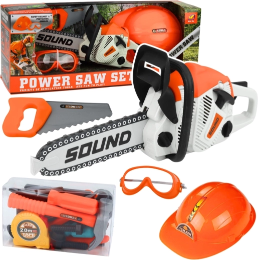 Kinder gereedschapsset met kettingzaag, helm en bril met geluiden