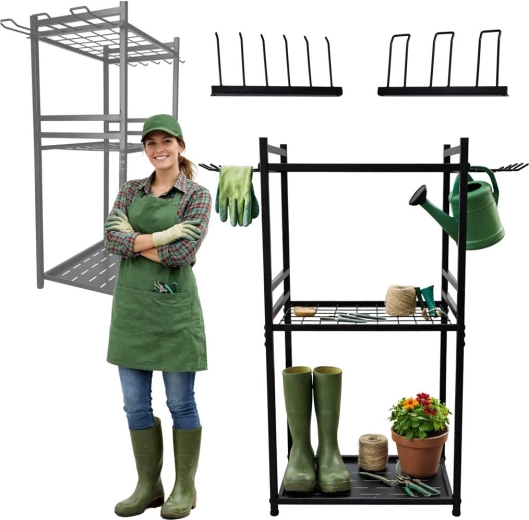 Metalen standaard voor tuingereedschap met haken en schappen LUARO