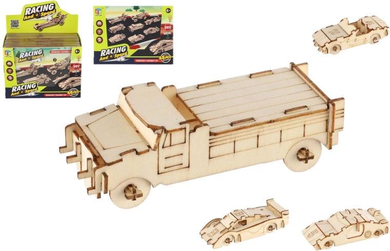 Houten 3D-puzzel – raceauto, set van 4 stuks