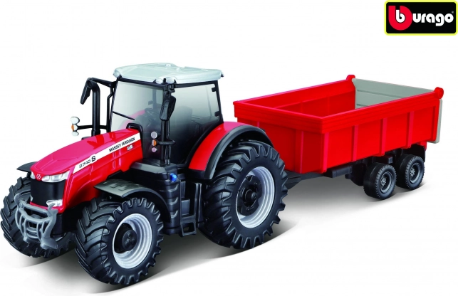Metalen tractor Massey Ferguson met aanhanger in schaal 1:50