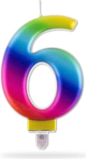 Regenboog verjaardagskaars cijfer 6 voor op de taart, 7,5 cm