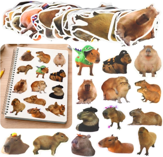 Set capibara-stickers – realistische motieven, papier, 50 stuks (6–7 cm)