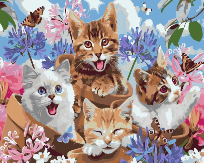 Norimpex Schilderen op nummer gelukkige kittens in bloempotten 40 × 50 cm
