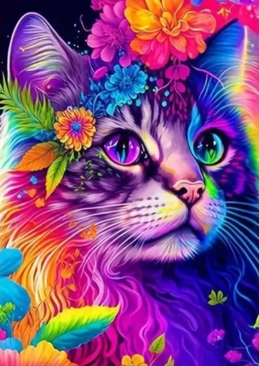 Diamant schilderen kleurrijke kat met bloemen 30 × 40 cm