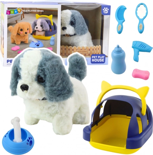 Interactieve pluchen puppy met geluiden en lopen met draagkooi en accessoires, grijs-wit