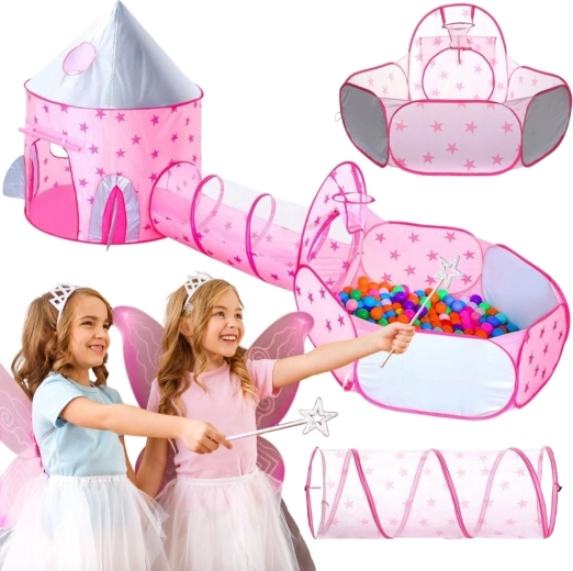 Woopie 3-in-1 kinderspeelset roze prinsessenpaleis met tent, tunnel en ballenbak