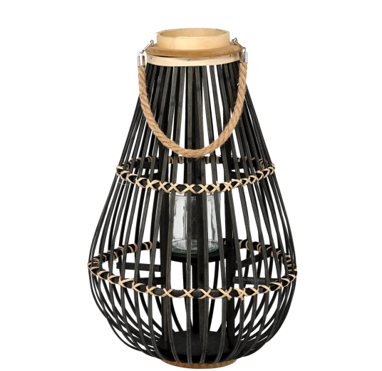 Houten lantaarn met glazen inzet, zwart, 32 × 57 cm