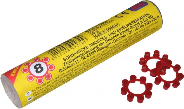 Knalkapsels voor pistolen, 8 schoten per ring in een buis