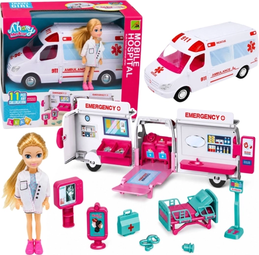 Uitklapbare ambulance voor poppen met mini-dokterspop en accessoires (11 onderdelen)