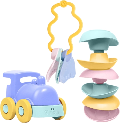 Simple. speelgoedset voor baby’s – blauwe locomotief, stapelbootjes en rammelaar/bijtring