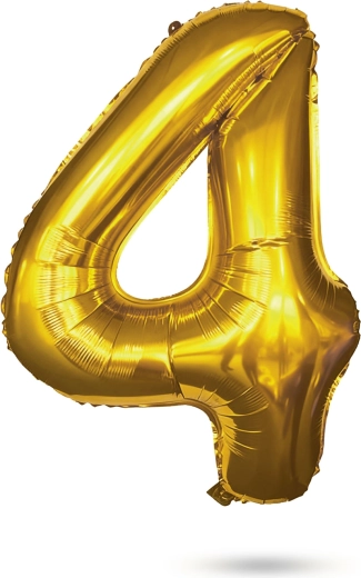 Gouden folieballon in de vorm van het cijfer 4, 80 cm