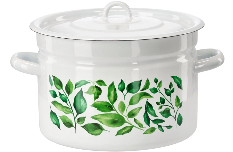 Geëmailleerde pan 9 l, 26 cm, wit met ficusdecor, met deksel