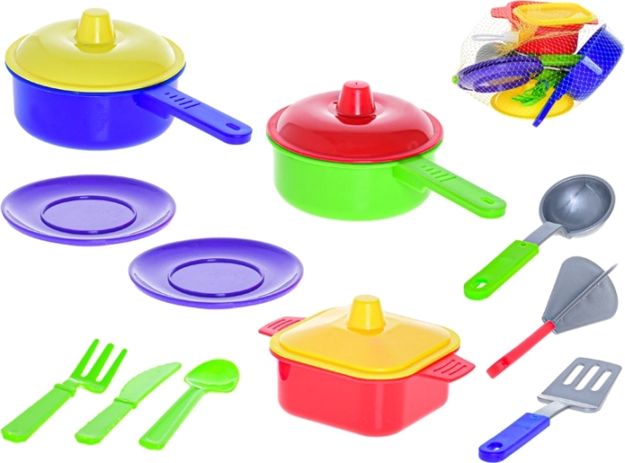 MAD plastic speelgoedkeukenset met servies en bestek in netje voor kinderen