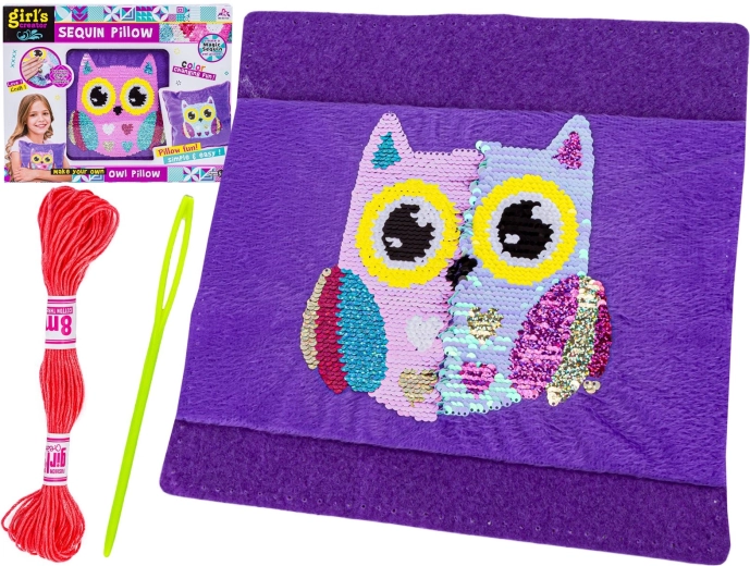 Creatieve set om een pluchen kussentje te naaien met kleurwisselende pailletten – uil