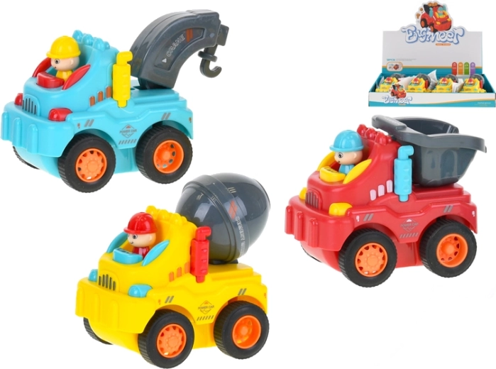 Vrolijk bouwvoertuigje met frictie, 8 cm, 3 soorten