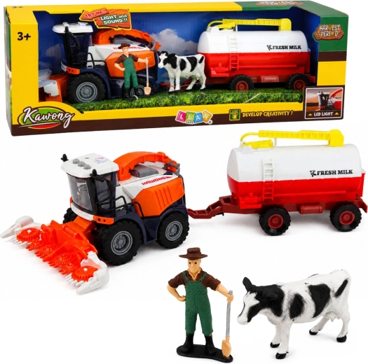 Maïscombine met melktank, boer- en koe-figuren met licht en geluid (4 stuks)