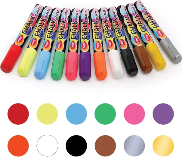 Set vloeibare krijtstiften voor borden en glas, 12 kleuren, 6 mm