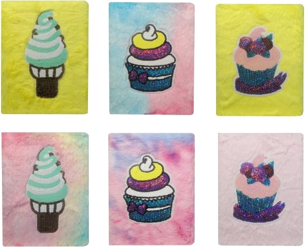 Pluchen dagboek met pailletten-muffins en ijsjes