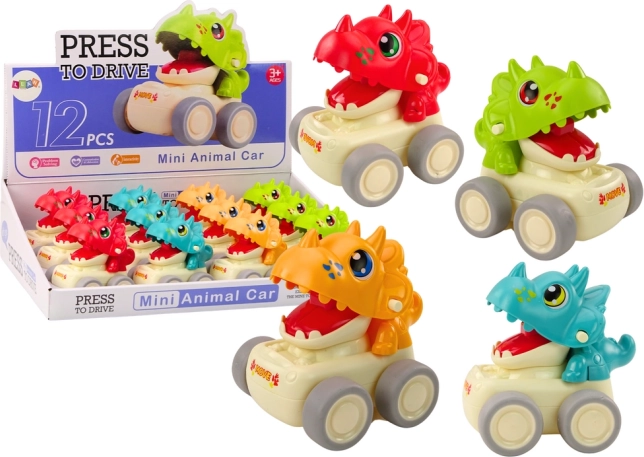 Dino-auto triceratops met drukaandrijving, 4 kleuren