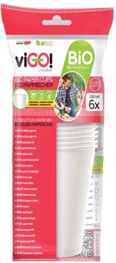 Bio papieren bekers 250 ml VIGO, 6 stuks