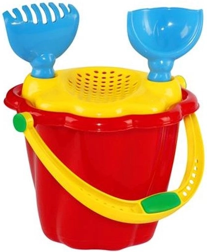 Mini kinderzandset met zeef – emmertje, schepje en harkje