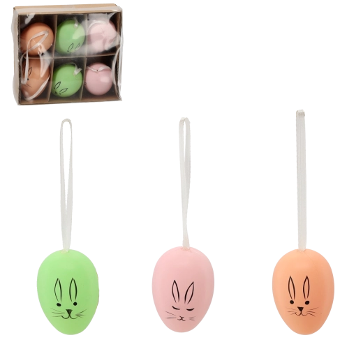 Set van hangende paaseieren met konijntje, pasteltinten, 6 stuks