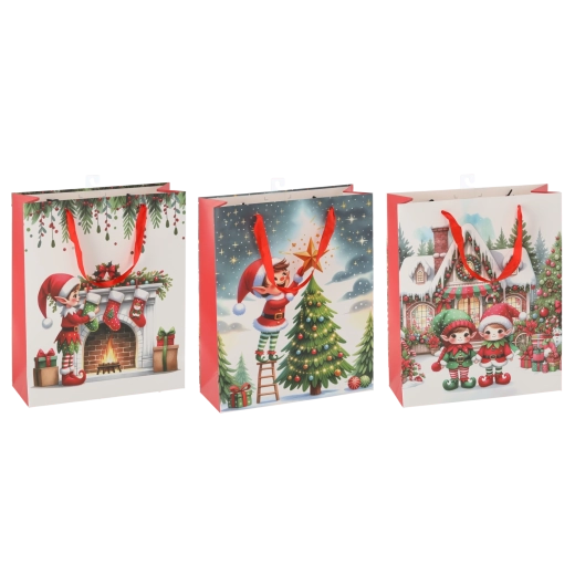 Kerstcadeautas met kerstkabouter, mix van designs, 42 × 48 × 16 cm, 12 stuks