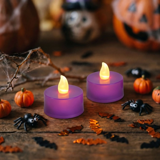 Paarse Halloween-led-theelichtjes, 2 stuks