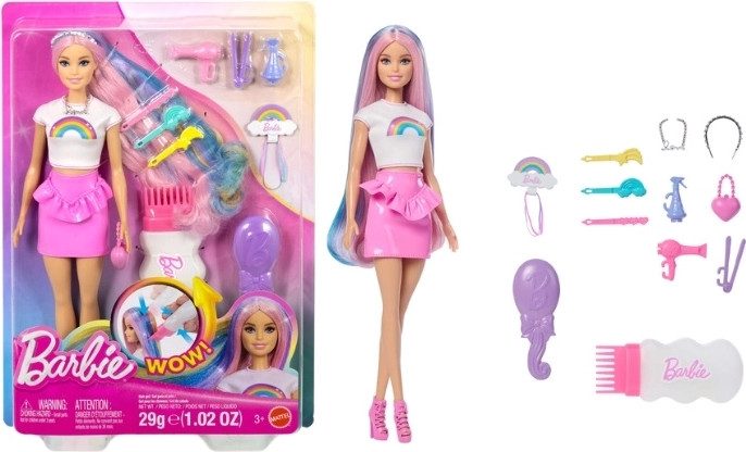 Barbiepop met regenbooghaar en glitterstyling