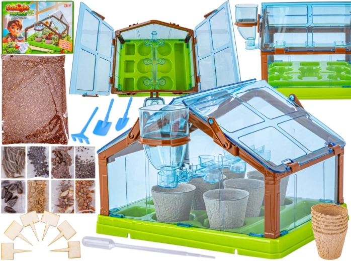 Kinder-mini-kasje met zaden en tuingereedschap (blauw-groen) - 1 stuk