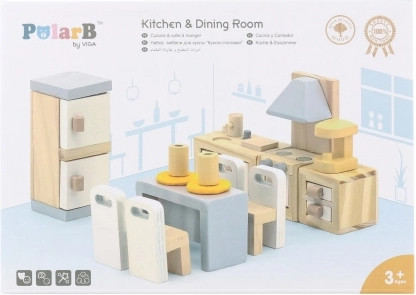 Houten meubelset voor poppenhuis Keuken en eetkamer