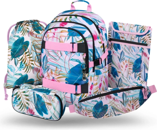 Baagl schoolset 5 stuks Skate Leafs – rugzak, etui, gymtas, heuptas en laptophoes