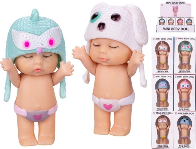 Baby pop 8 cm met dierenmuts, 12 varianten