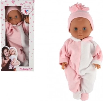 Poppenbaby HAMIRO 40 cm met vast lichaam in wit-roze onesie en roze mutsje