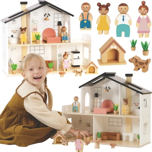 Tooky Toy houten poppenhuis met accessoires en gezinnetje (20 stuks)