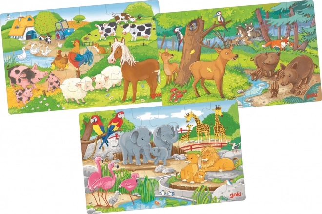Houten puzzels dieren 3×24 stukjes GOKI