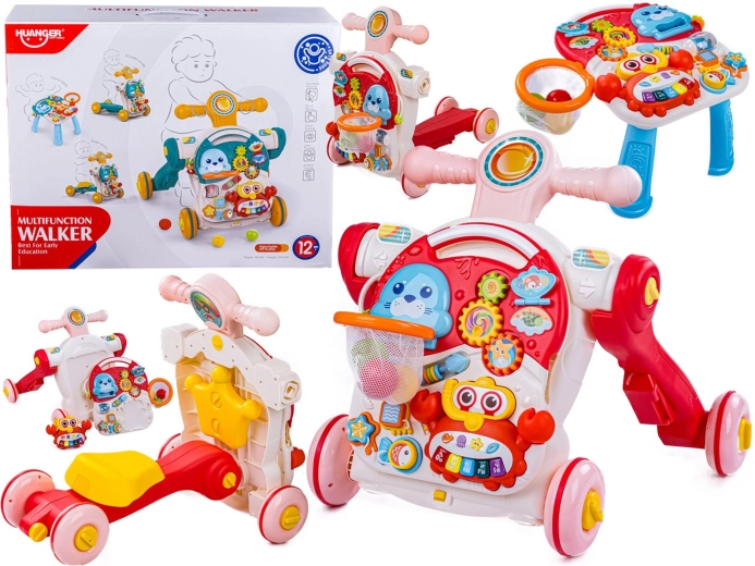 Multifunctionele kinderloopwagen 4-in-1 met educatief tafeltje, loopfiets en step – roze
