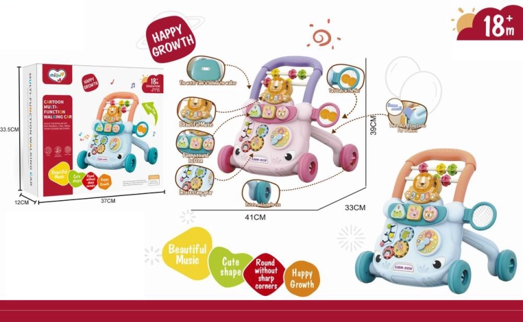 Duwloopwagen leeuw met muziek roze