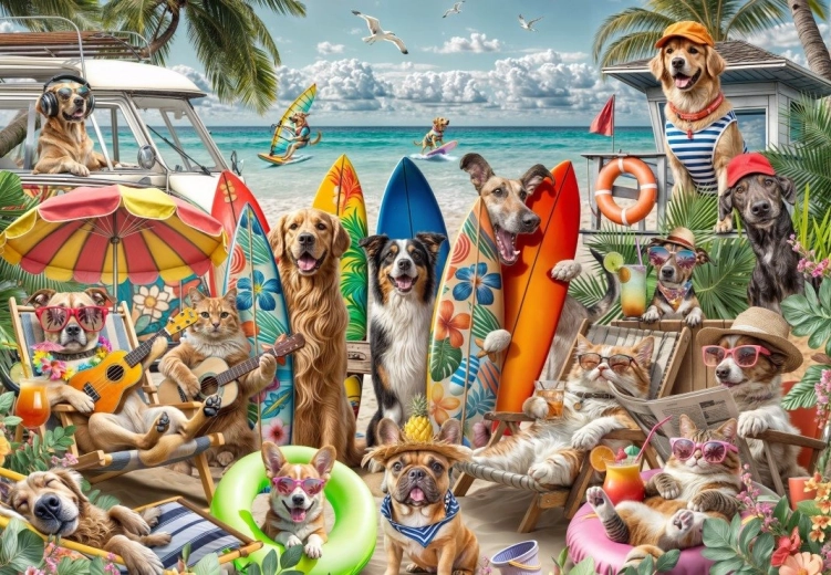 Puzzel Honden en katten op het strand 1000 stukjes