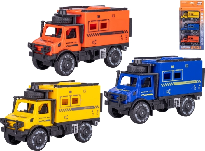 Set van drie offroad-autootjes met vliegwielaandrijving 11,5 cm