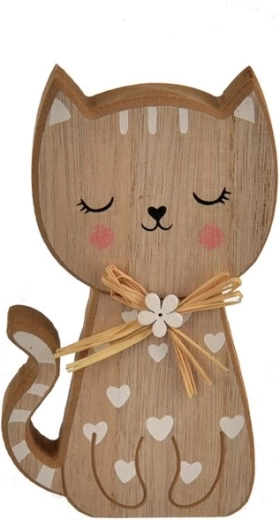Houten decoratie kat met hartjes bruin-wit 15 cm