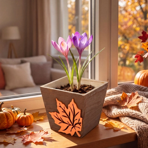 Herfstige houten bloempot met esdoornbladmotief - 1 stuk