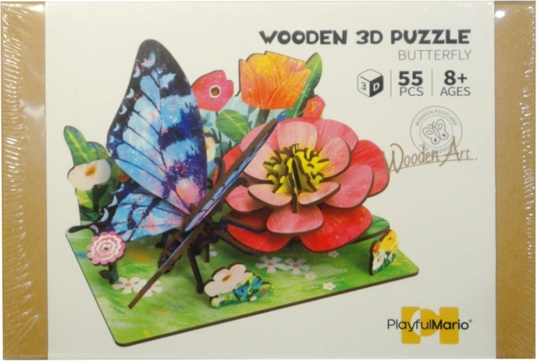 Houten 3D-puzzel DIY – weide met vlinder en bloemen